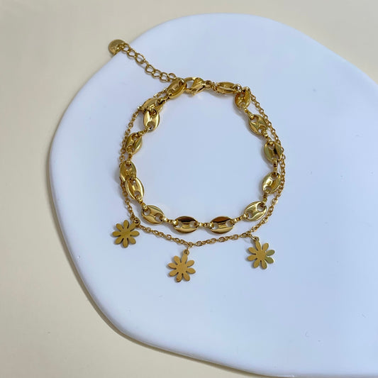 PULSERA DOBLE FLORES - GOLD